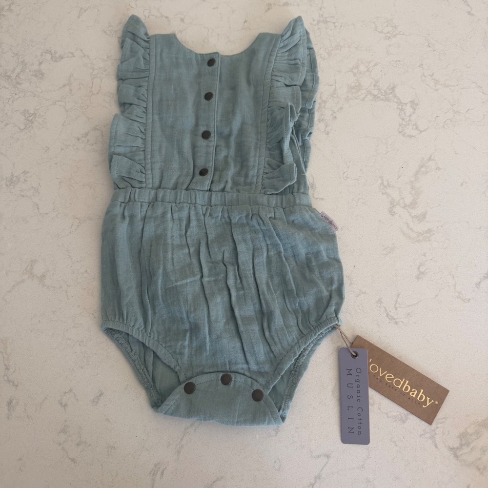 L'ovedbaby Muslin Ruffle Bodysuit Lagoon Organic Cotton 9-12M NWT